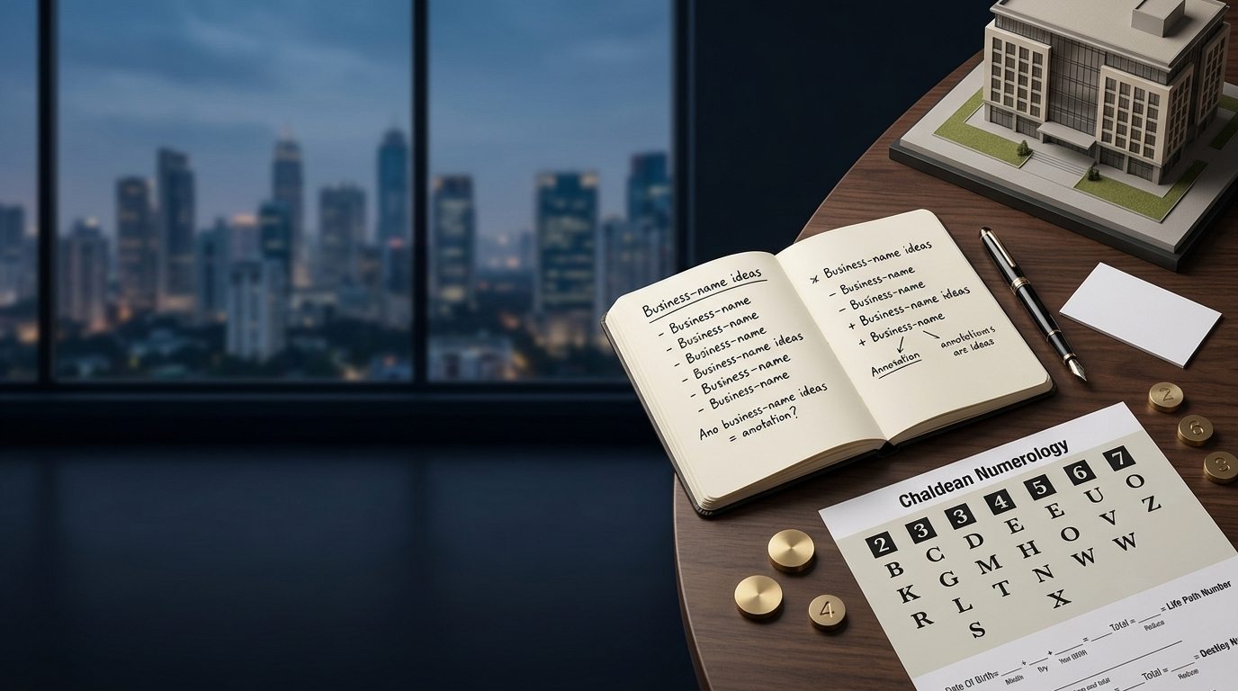 A notebook of business-name ideas beside a Chaldean numerology chart and a model office building